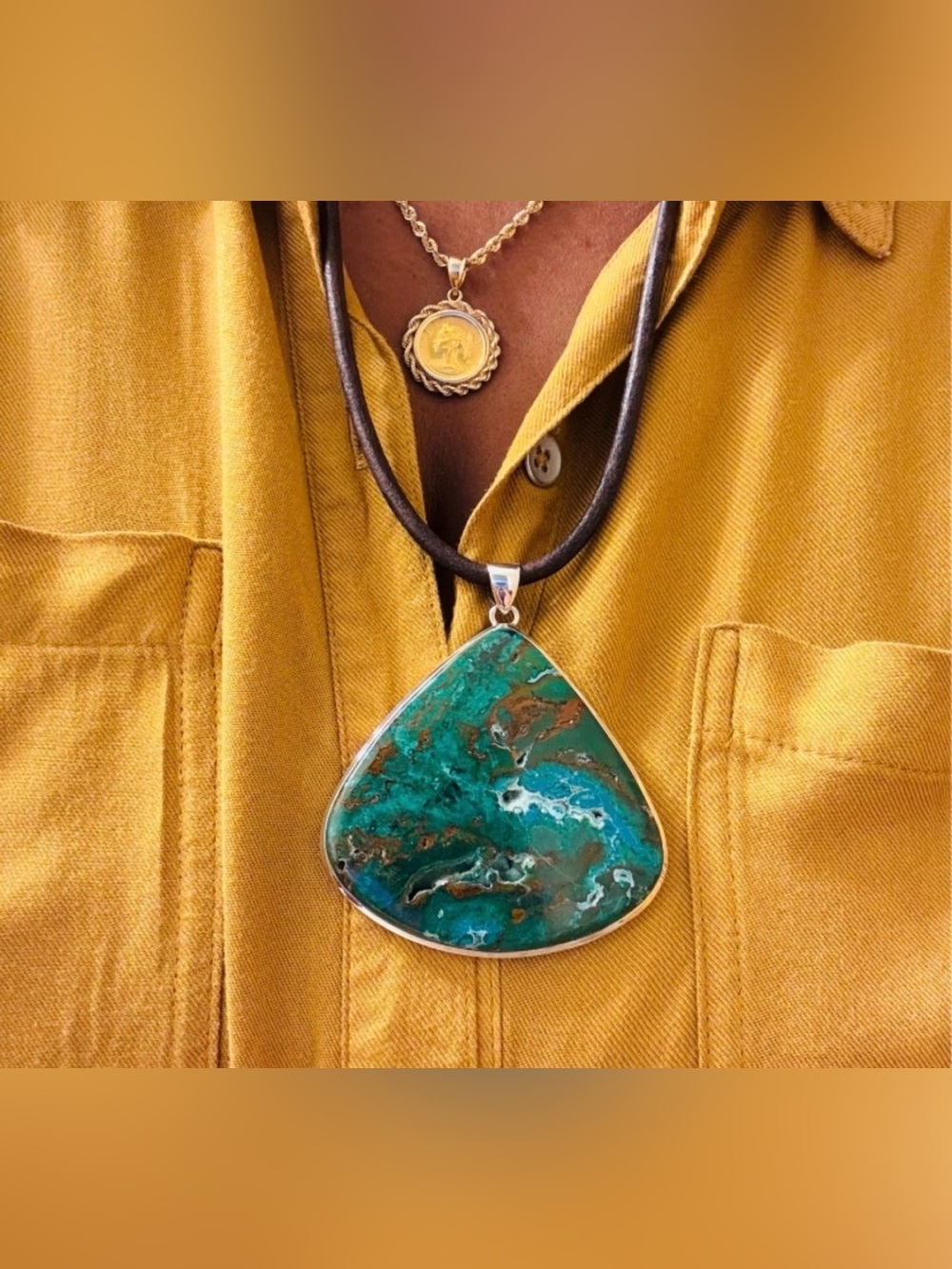 Druzy Chrysocolla Pendant With Leather Necklace